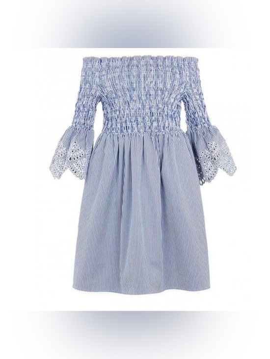 Ted Baker Dresses & Skirts - Ted Baker Blue Striped Off-Shoulder Smocked Dress with Crochet Sleeves